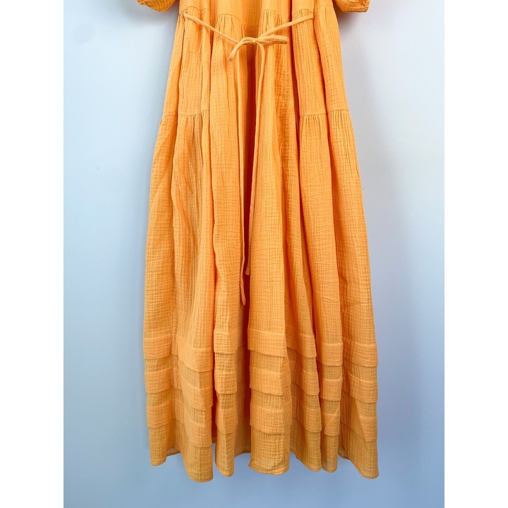 Draper James Chloe V Neck Midi Dress S Orange Crinkle Cotton Tiered Puff Sleeve - Picture 8 of 12